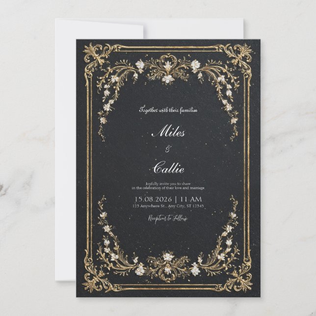 Black and Gold Floral Grand Wedding  Invitation (Front)