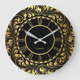 Black And Gold Floral Leaves Elegant Pattern Large Clock