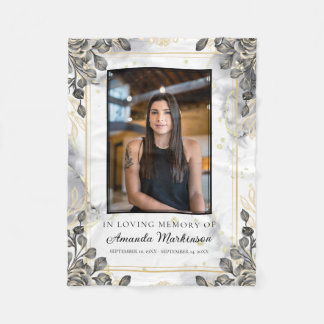 Black and Gold Floral Marble Loving Memory Funeral Fleece Blanket