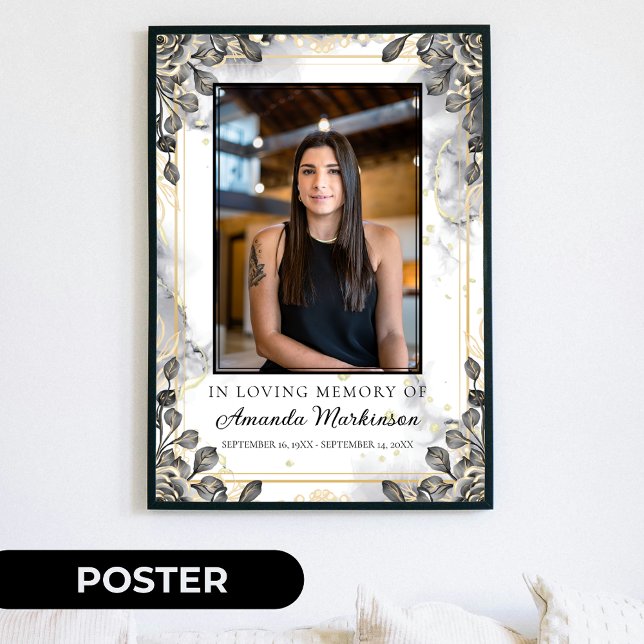 Black and Gold Floral Marble Loving Memory Funeral Poster (Creator Uploaded)