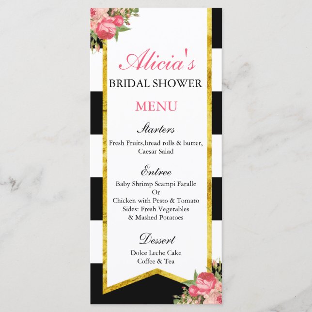 Black and Gold Floral Menu Cards (Front)