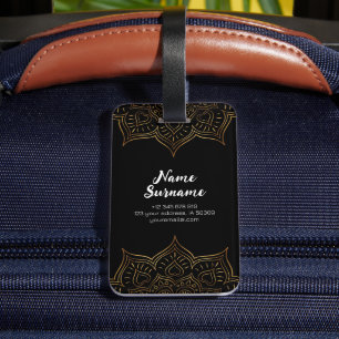 Black And Gold Floral Modern Indian Pattern Luggage Tag