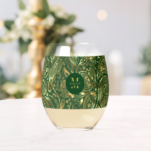 Black and Gold Floral Paisley Monogram Stemless Wine Glass (Insitu (Wedding))