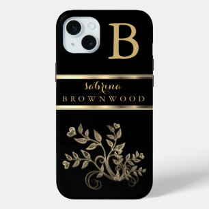 Black and Gold Floral -Personalised iPhone 15 Mini Case