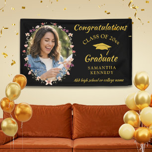 Black And Gold Floral Photo Congrats Graduation Banner