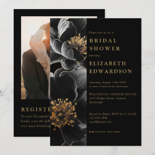 Black And Gold Floral Photo QR Code Bridal Shower Invitation