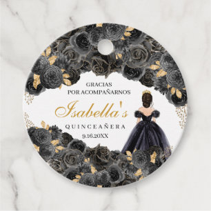 Black and Gold Floral Quinceanera Circle Favour Tags