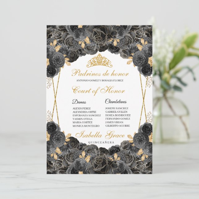 Black and Gold Floral Quinceanera Court of Honour Invitation (Standing Front)