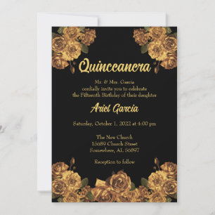 Black and Gold Floral Quinceanera Invitation