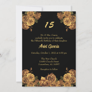 Black and Gold Floral Quinceanera Invitation