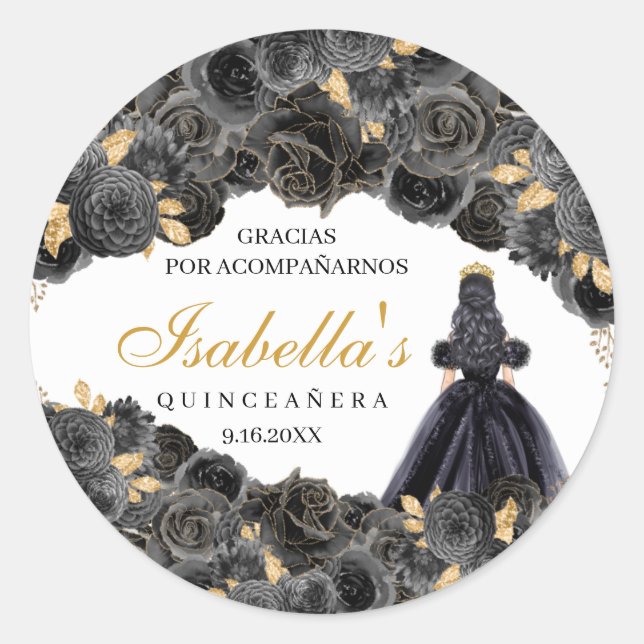 Black and Gold Floral Quinceanera Round Stickers (Front)