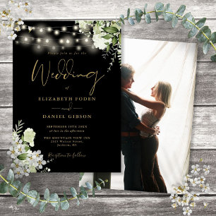 Black And Gold Floral String Lights Photo Wedding Invitation
