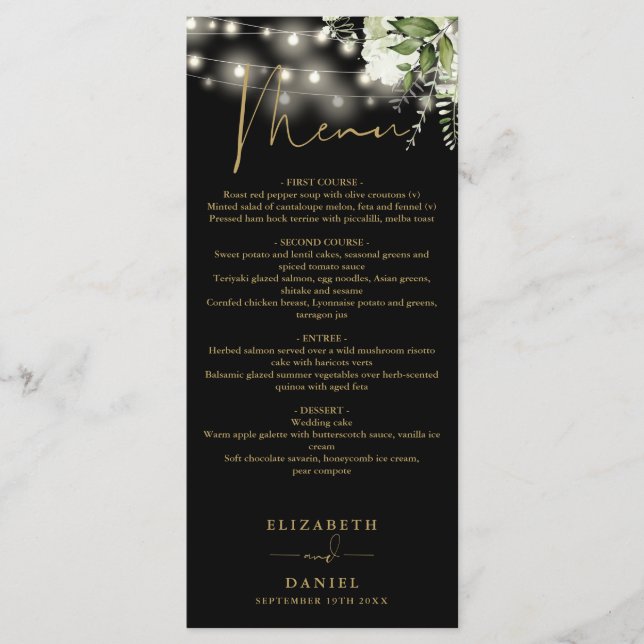 Black And Gold Floral String Lights Wedding Dinner Menu (Front)
