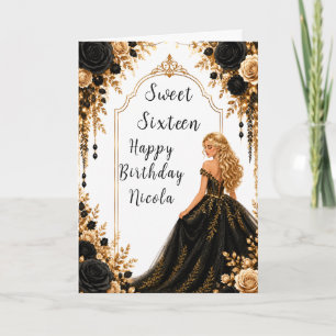 Black and Gold Floral Sweet Sixteen Party Card