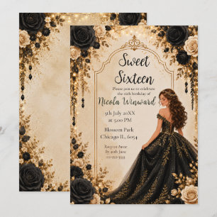 Black and Gold Floral Sweet Sixteen Party Invitation