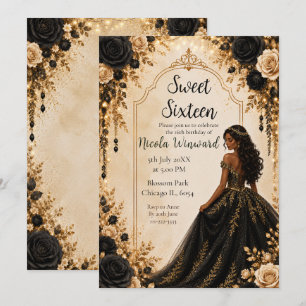 Black and Gold Floral Sweet Sixteen Party Invitation