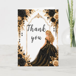 Black and Gold Floral Sweet Sixteen Party Thank You Card