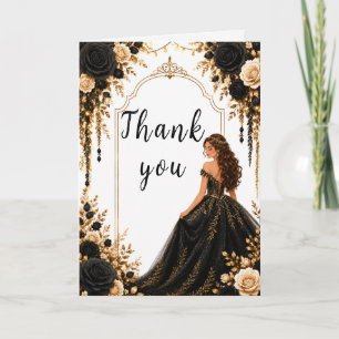 Black and Gold Floral Sweet Sixteen Party Thank You Card