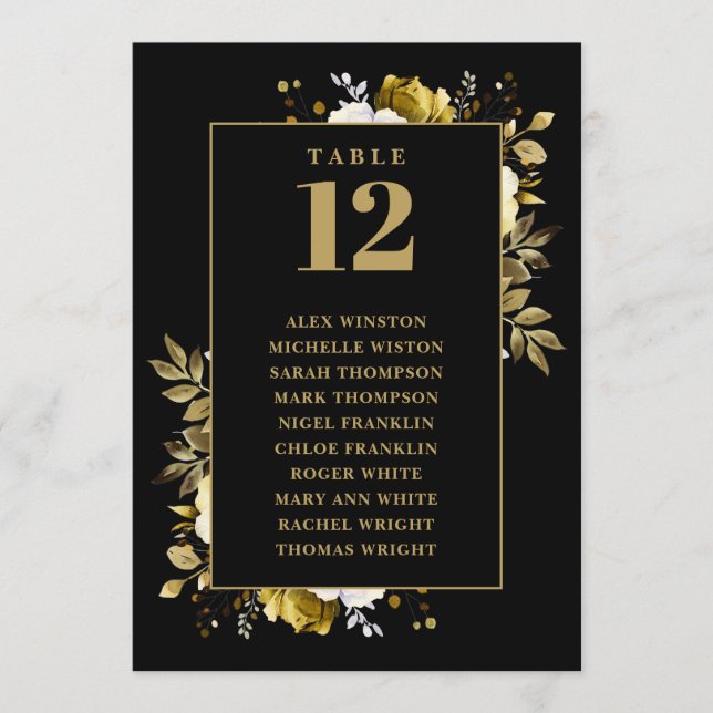 Black And Gold Floral Table Number Seating Chart (Front)