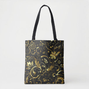 Black And Gold Floral Vintage Damask Tote Bag