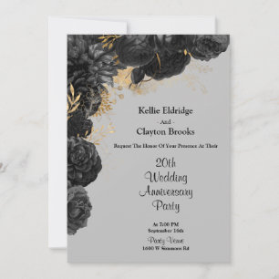 Black And Gold Floral Wedding Anniversary Party Invitation