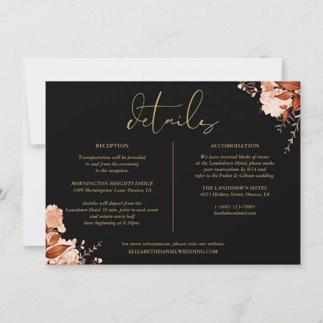 Black And Gold Floral Wedding Details Information Invitation (Front)