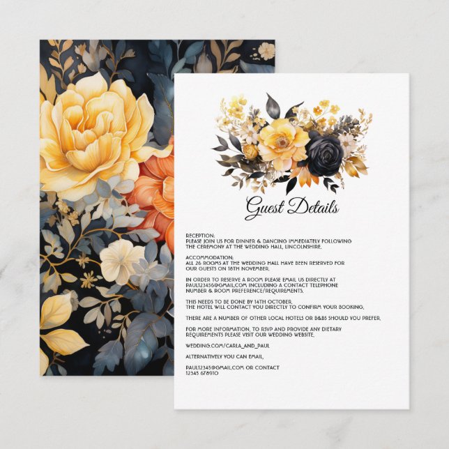 Black and Gold Floral Wedding Guest Details Enclosure Card (Front/Back)