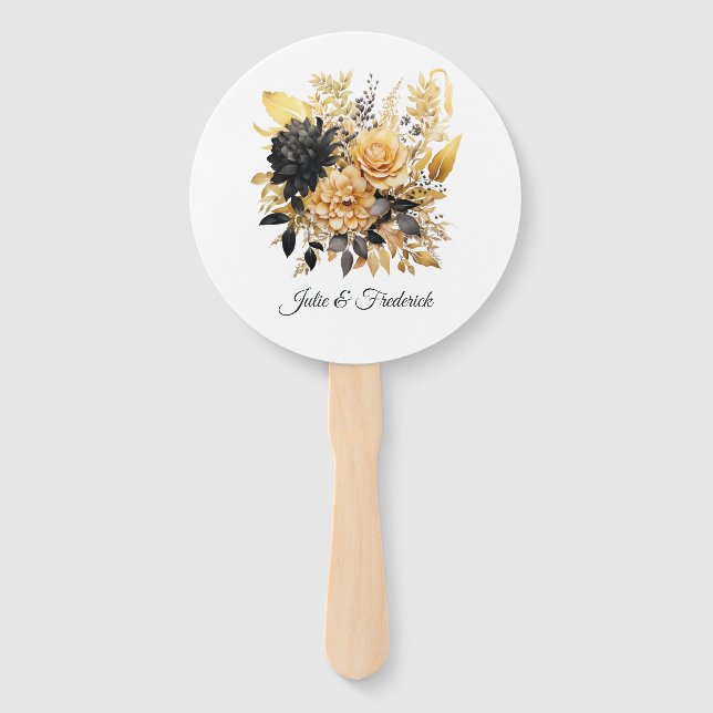 Black and Gold Floral Wedding Hand Fan (Front)
