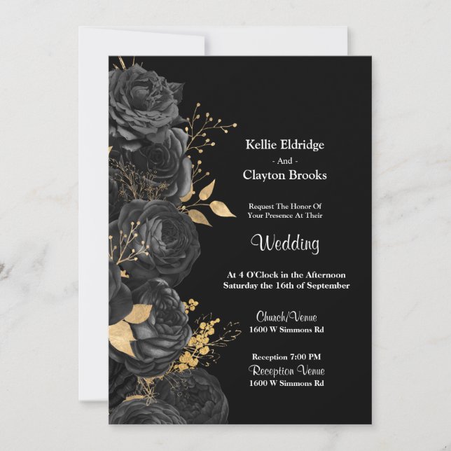 Black And Gold Floral Wedding Invitation (Front)