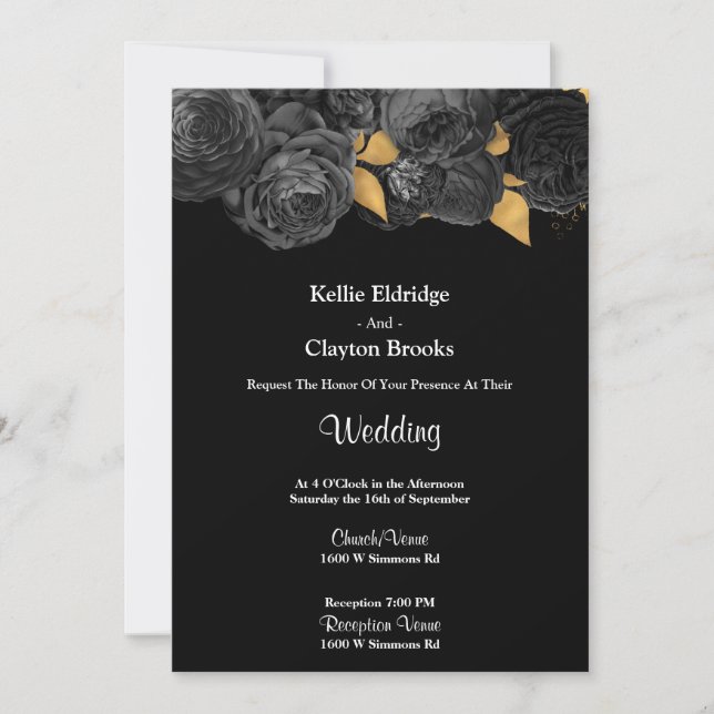 Black And Gold Floral Wedding Invitation (Front)