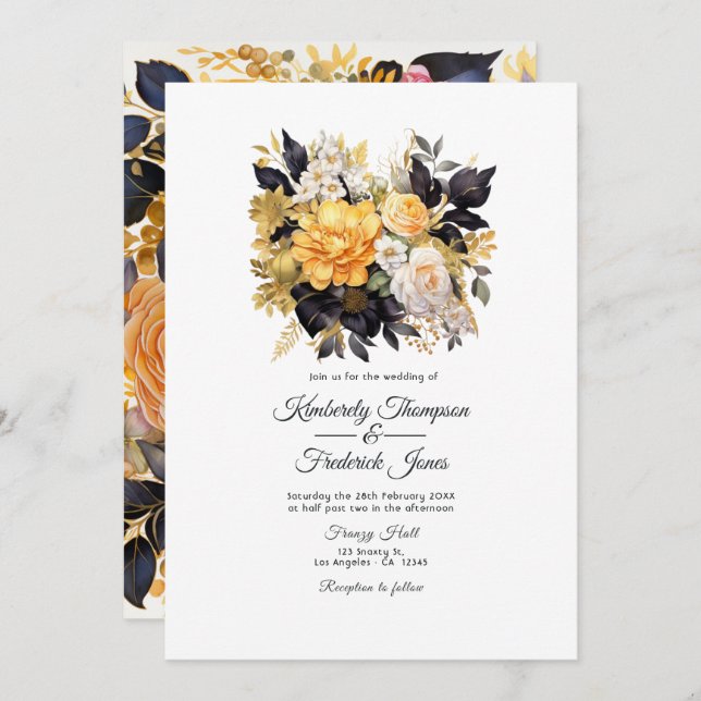 Black and Gold Floral Wedding Invitation (Front/Back)