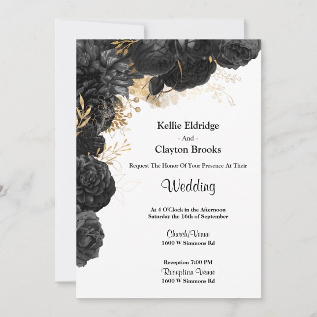 Black And Gold Floral Wedding Invitation (Front)