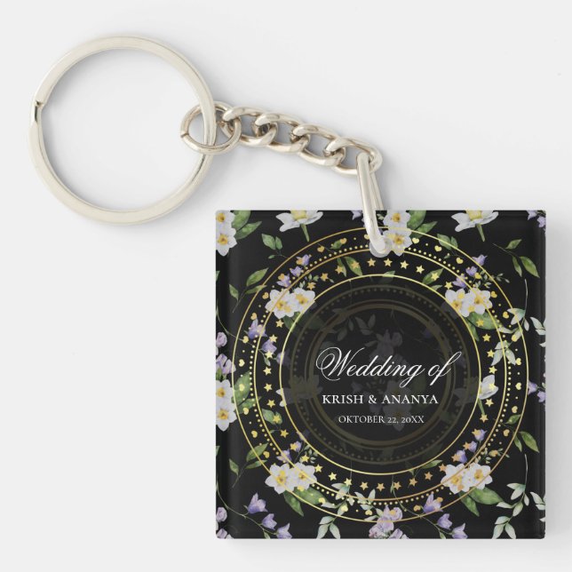 Black and Gold Floral, Wedding  Key Ring (Front)