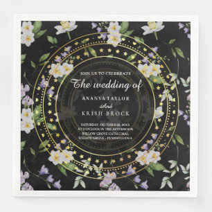 Black and Gold Floral, Wedding Napkin