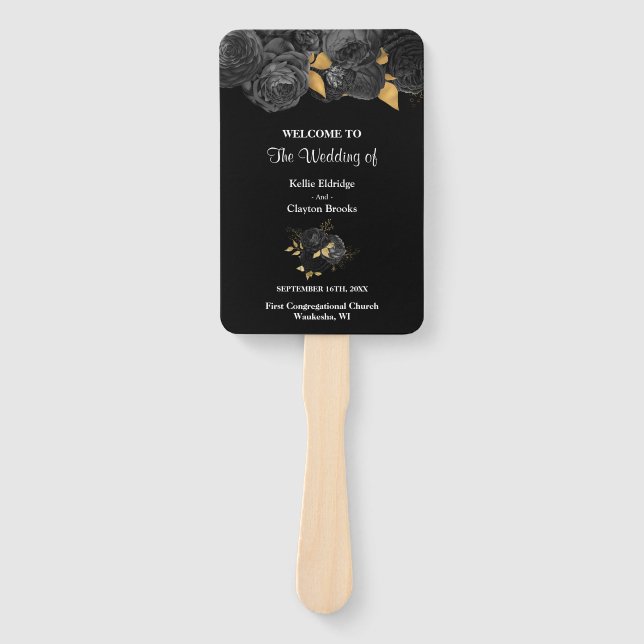 Black And Gold Floral Wedding Program Hand Fan (Front)