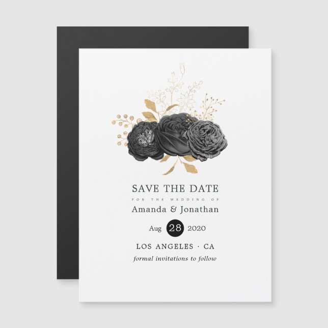 Black and Gold Floral Wedding Save the Date Magnetic Invitation (Front/Back)