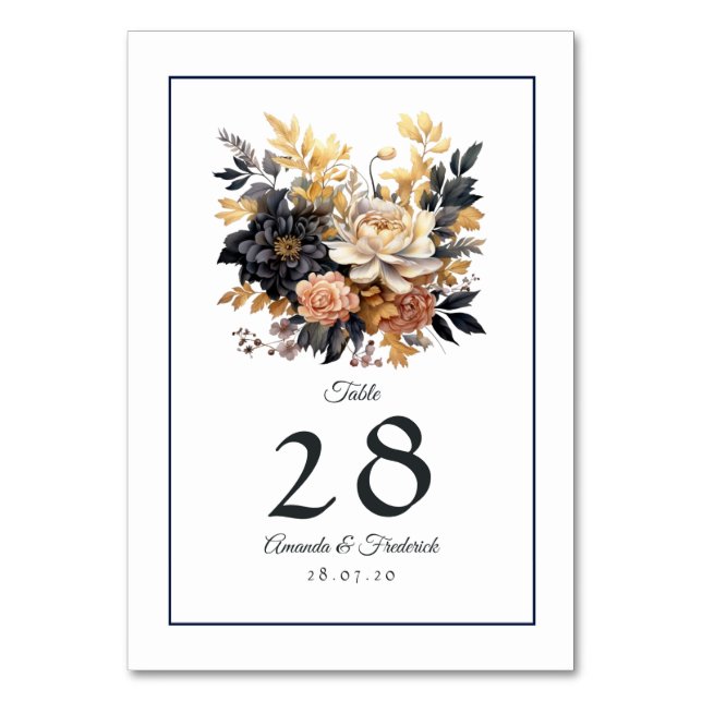 Black and Gold Floral Wedding Table Number (Front)