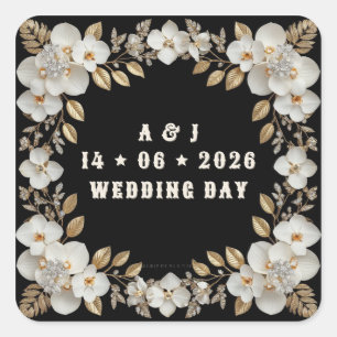 Black And Gold Floral Wedding With White Flowers Square Sticker