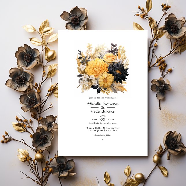 Black and Gold Floral Winter Wedding Invitation (Creator Uploaded)