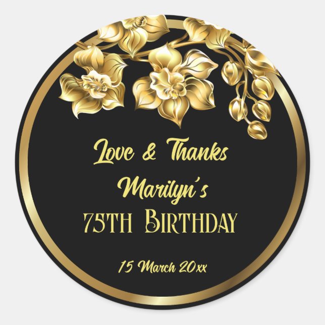 Black and gold flowers birthday party personalised classic round sticker (Front)