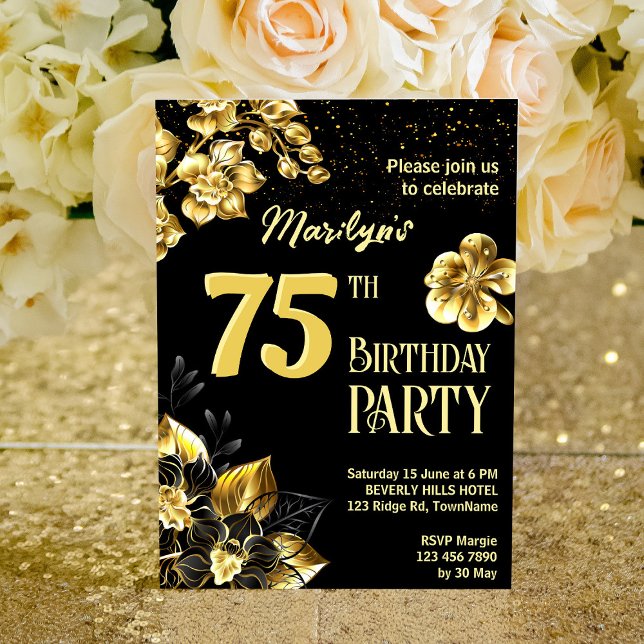 Black and gold flowers birthday party personalised invitation (Creator Uploaded)