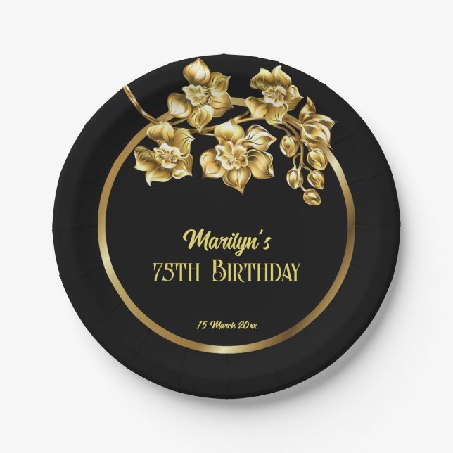 Black and gold flowers birthday party personalised paper plate (Front)