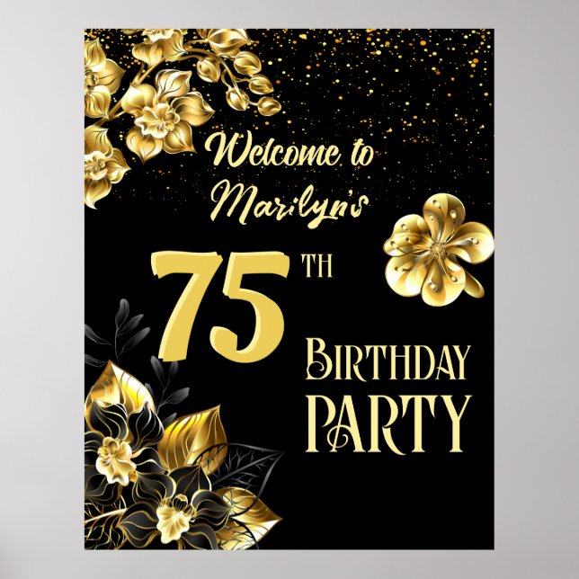 Black and gold flowers birthday party personalised poster (Front)