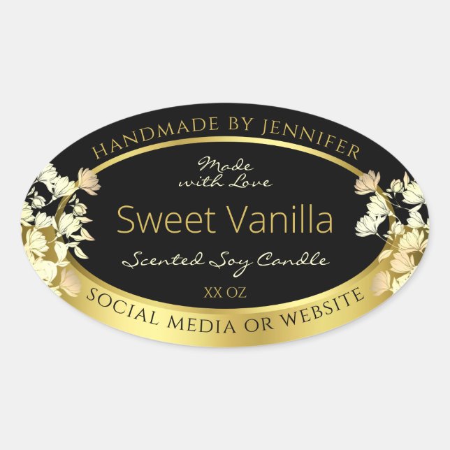 Black and Gold Flowers Product Packaging Labels (Front)