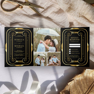 Black and Gold Foil Art Deco Photo Collage Wedding Tri-Fold Invitation