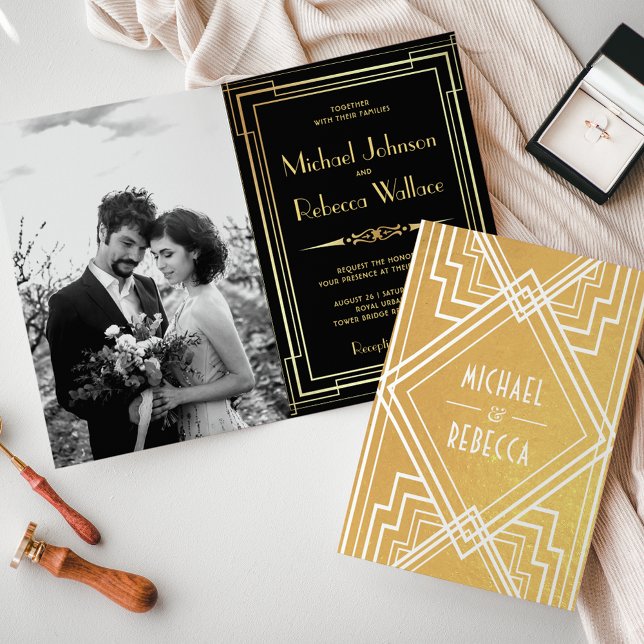 Black and Gold Foil Art Deco Wedding Invitation (Creator Uploaded)