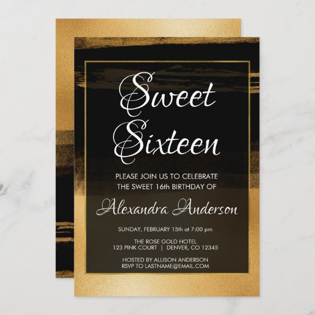 Black and Gold Foil Brush Stroke Sweet 16 Birthday Invitation (Front/Back)