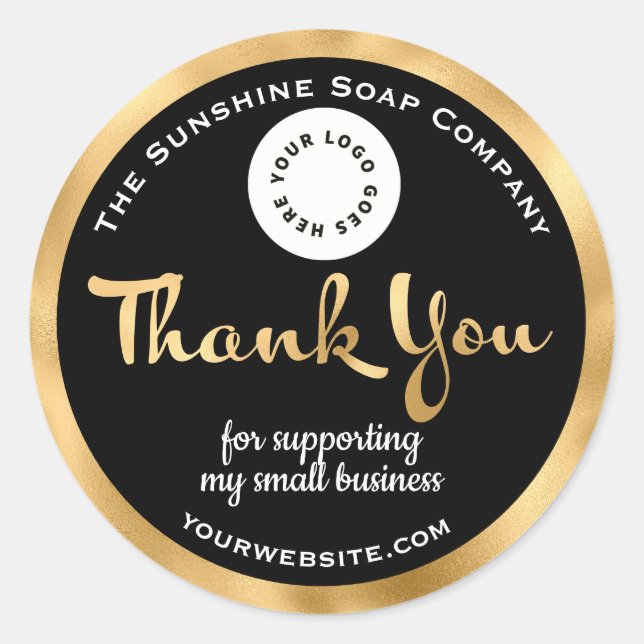 Black and gold foil business thank you with logo classic round sticker (Front)