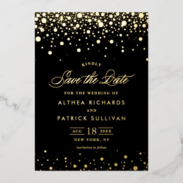 Black and Gold Foil Confetti Dots Save the Date (Front)