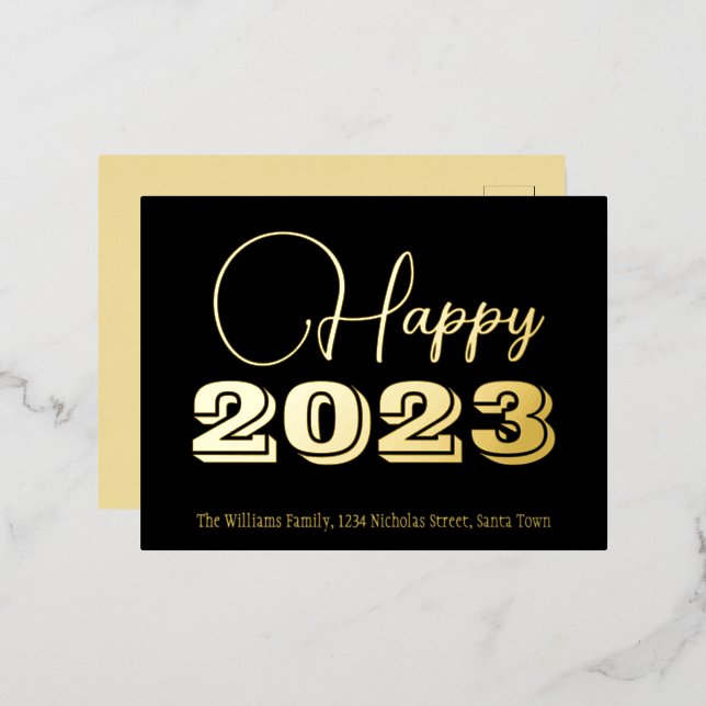 Black and Gold Foil custom Happy New Year 2023 Foil Holiday Postcard (Front/Back)